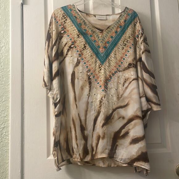 Chico’s animal print crystal and beaded embellished coverup tunic blouse XL - Picture 1 of 10